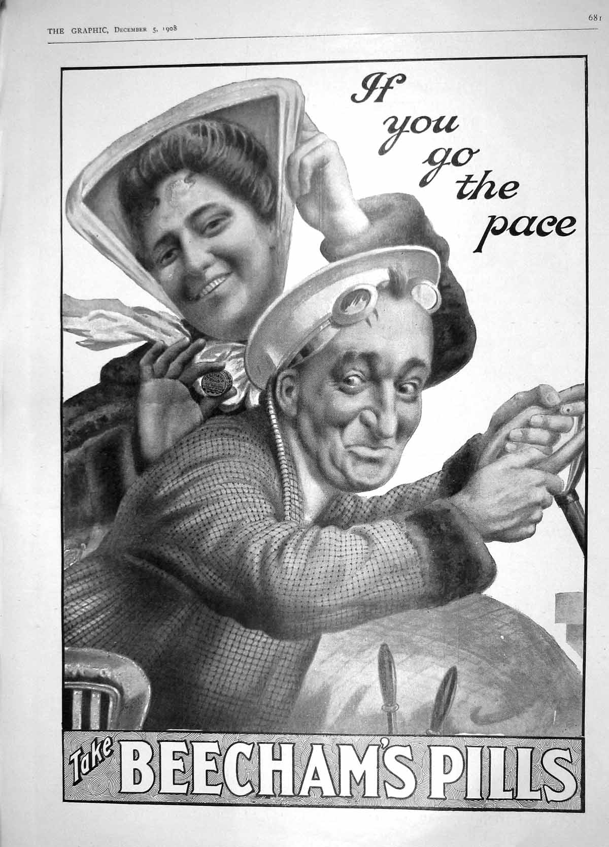 Old Antique Print 1908 Advertisement Beechams Pill Lady Man Driving Car 20th