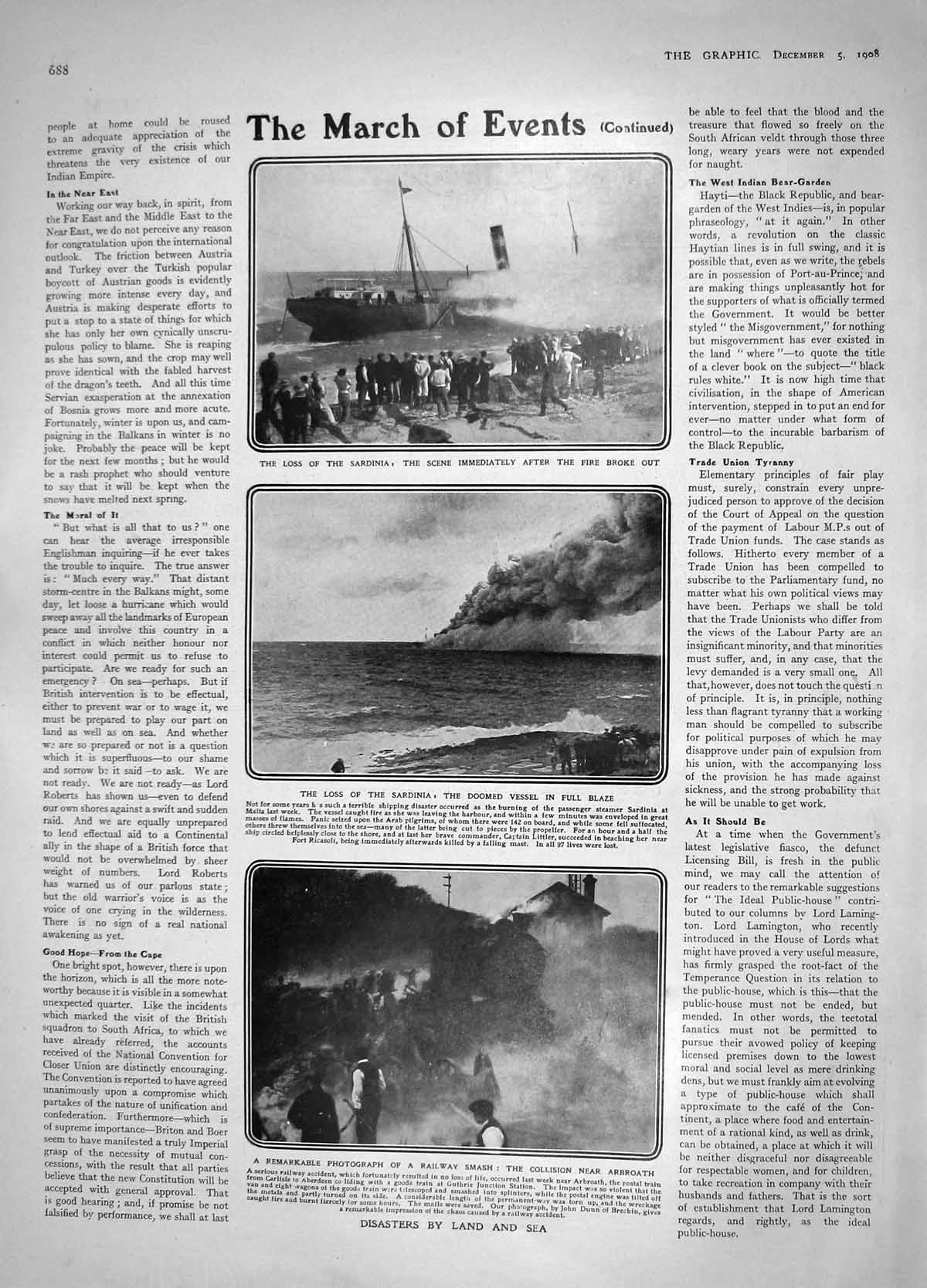 Old Antique Print 1908 Sardinia Ship Railway Crash Arbroath Farman Alexis 20th
