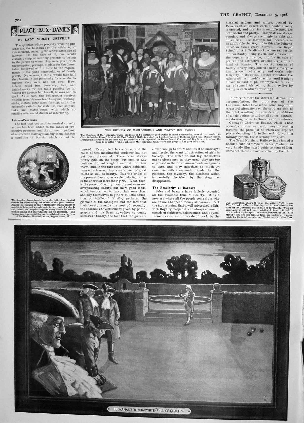 Original Old Antique Print 1908 Duchess Marlborough Boy Scouts Dulwiche Fayre