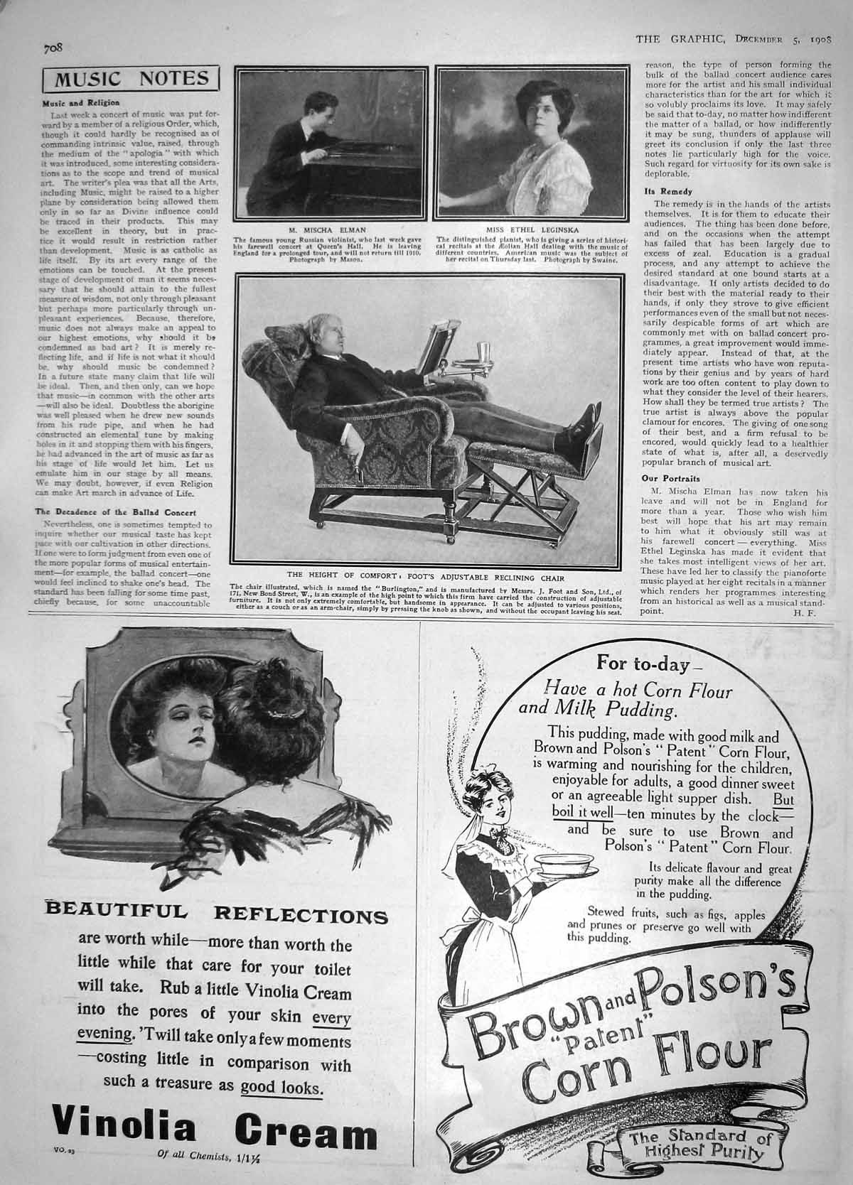 Old Antique Print 1908 Mischa Elman Ethel Leginska Foot Reclining Chair 20th