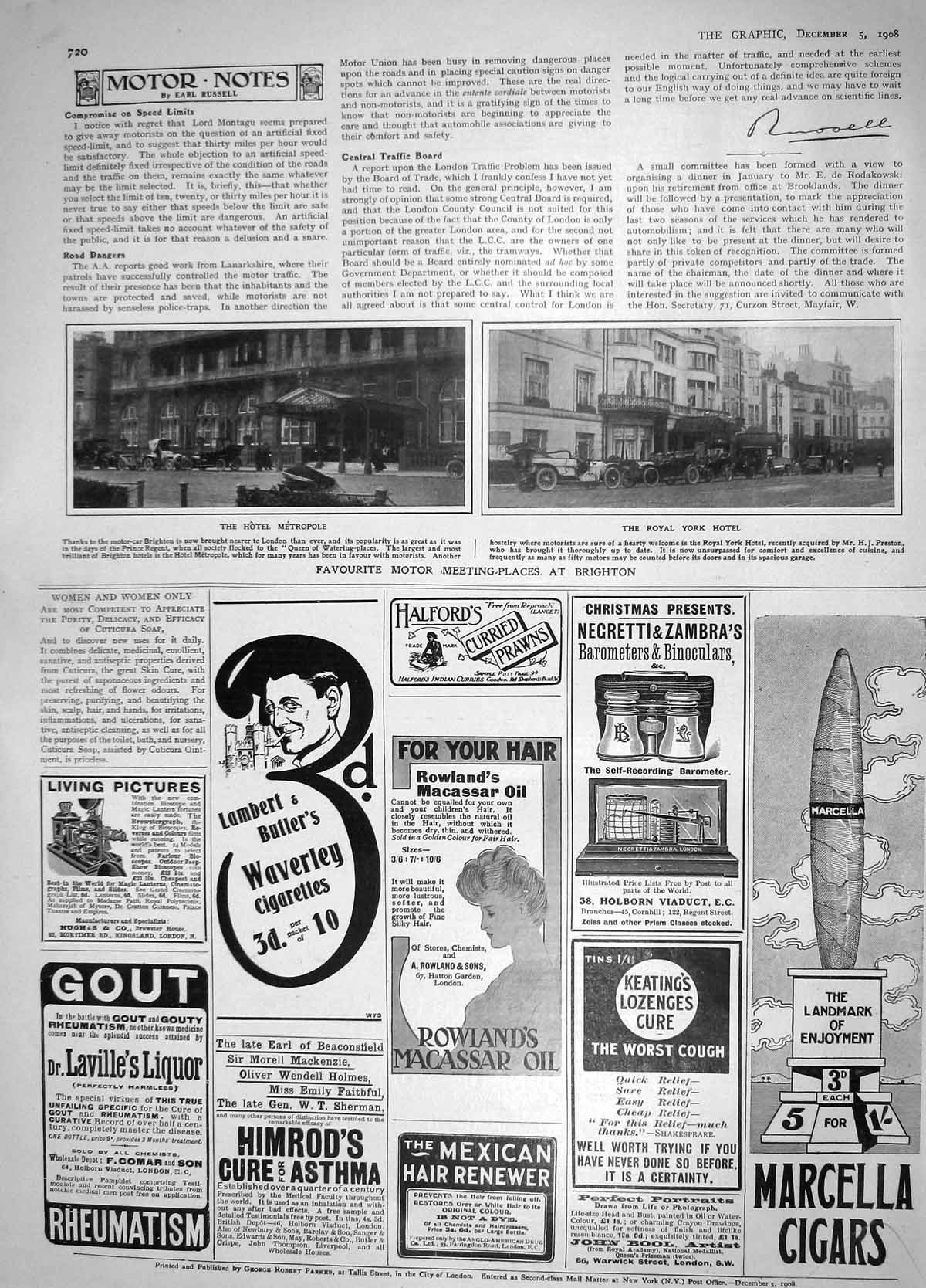Original Old Antique Print 1908 Hotel Metropole Royal York Marcella Cigars Gout