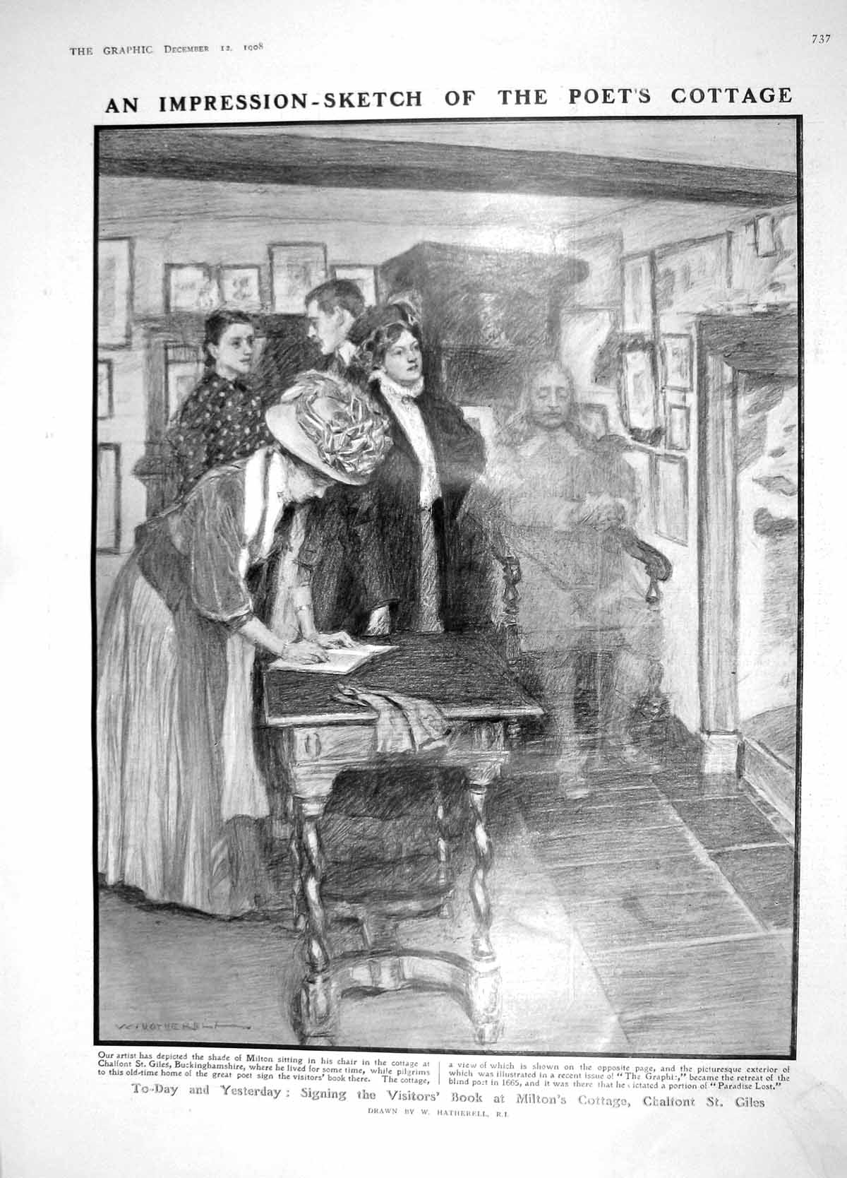 Old Antique Print 1908 Visitors Milton Cottage Giles Titheradge Theatre 20th