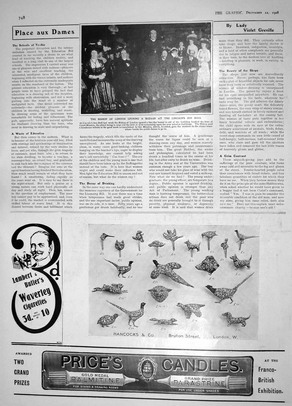 Old Antique Print 1908 Bishop London Bazaar Lincoln'S Inn Pianola Piano 20th