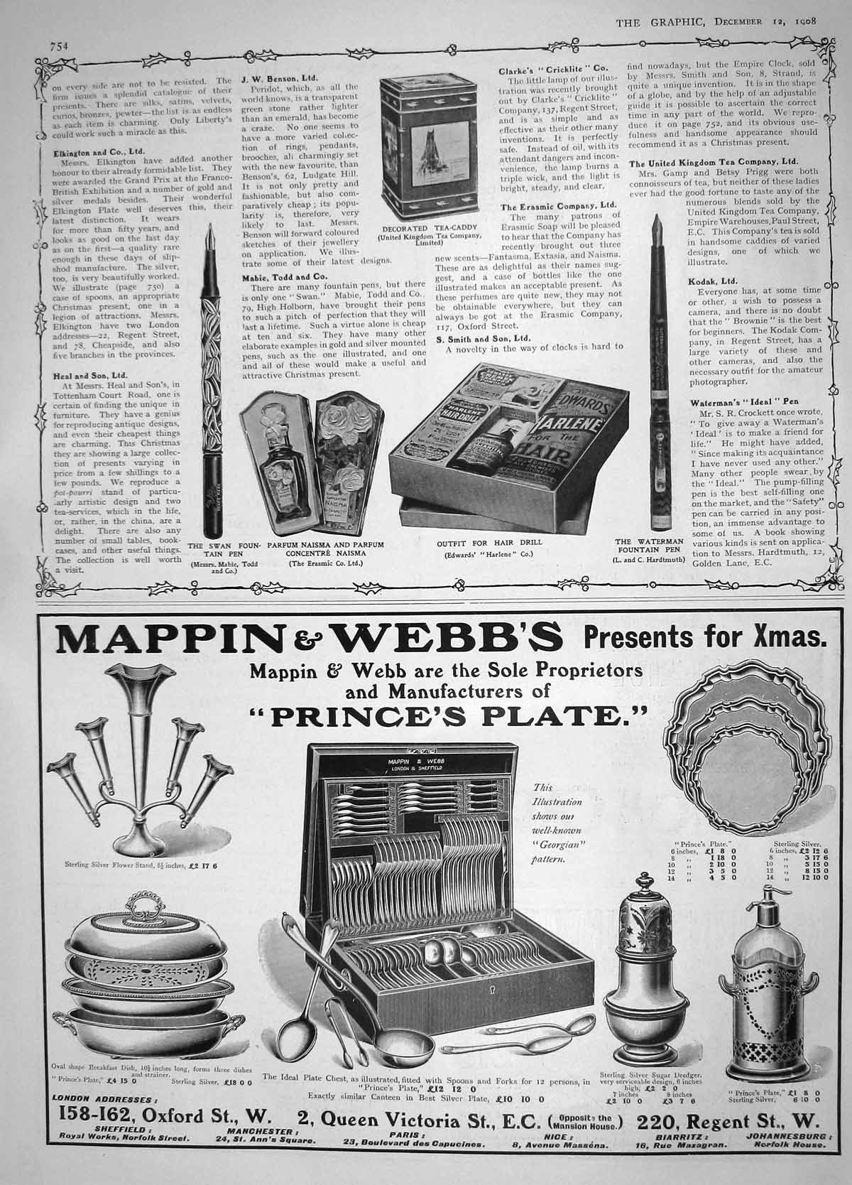 Old Antique Print 1908 Tea-Caddy Fountain Pen Parfum Naisma Mappin Webb 20th