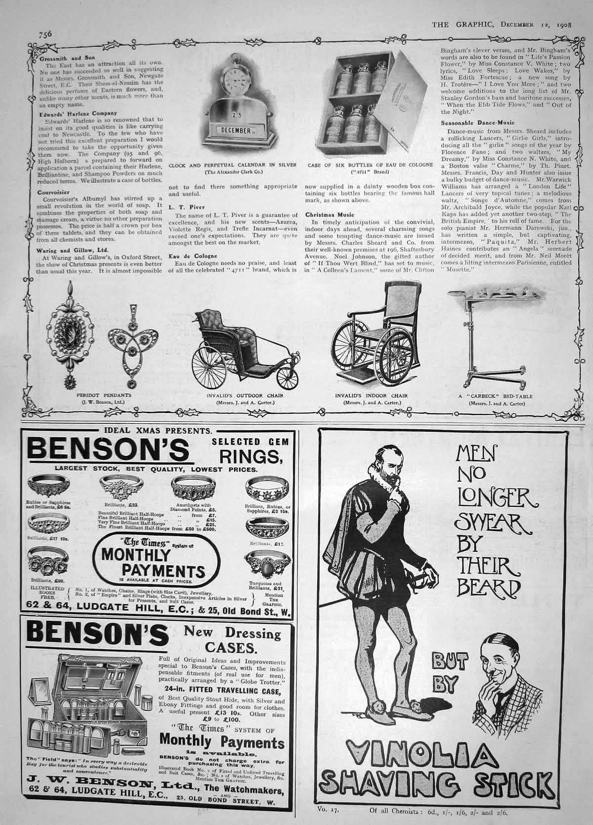 Old Antique Print 1908 Clock Calendar Silver Bottles Eau De Cologne Chair 20th