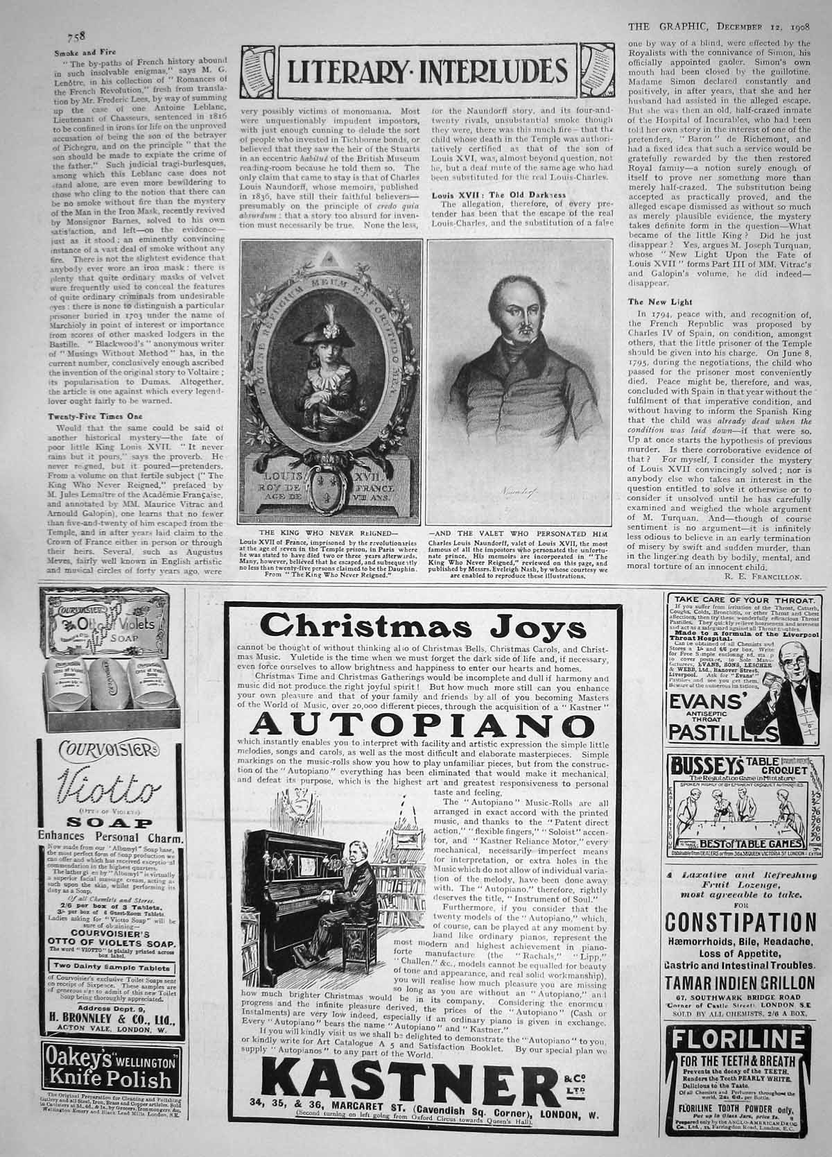Old Antique Print 1908 Louis King France Charles Naundorff Kastner Piano 20th