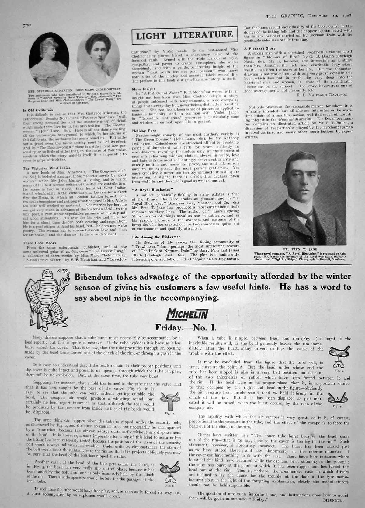 Old Antique Print 1908 Gertrude Atherton Cholmondeley Fred Jane Inventor 20th