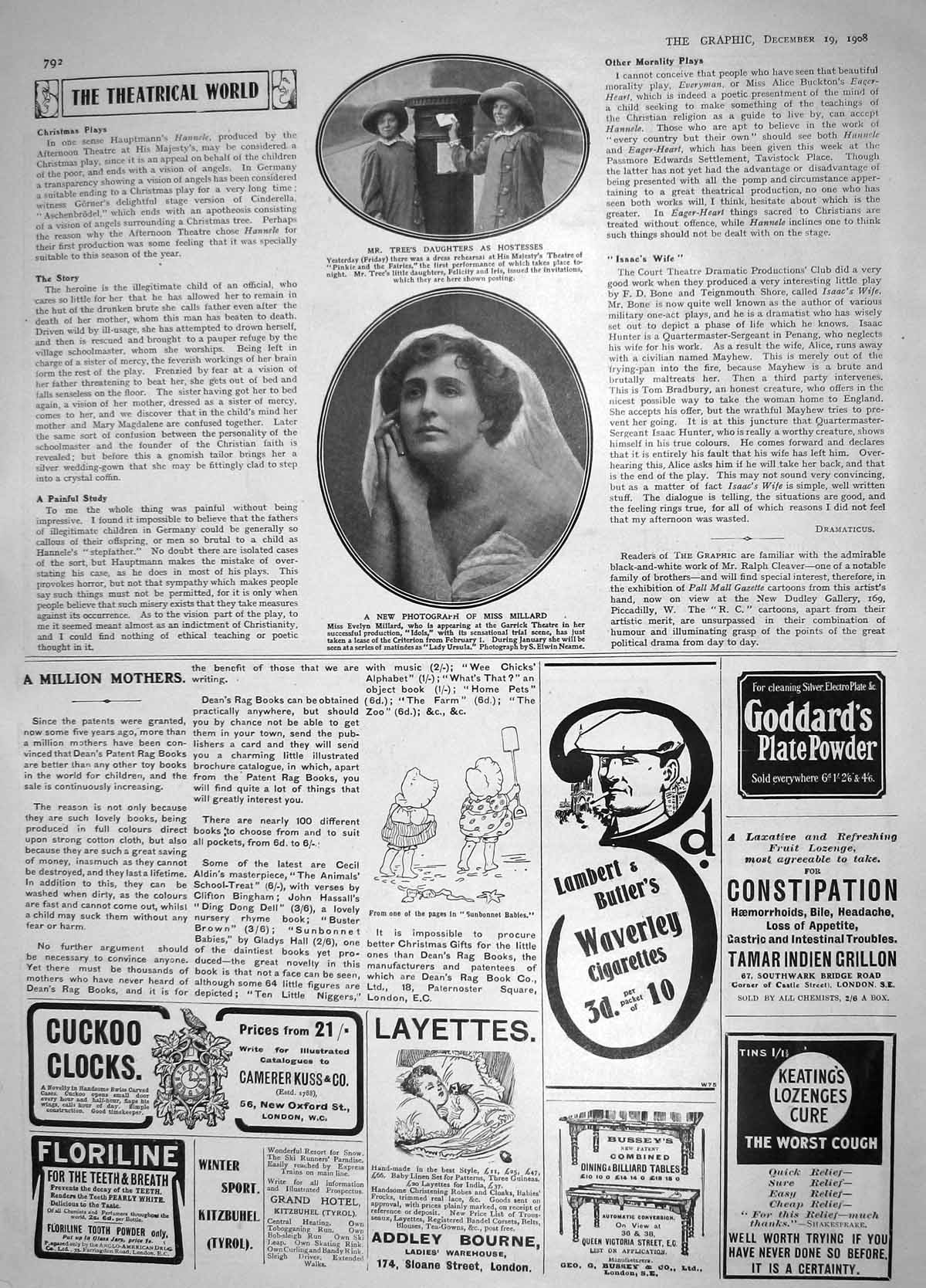 Old Antique Print 1908 Majesty Theatre Tree Evelyn Millard Garrick Clocks 20th