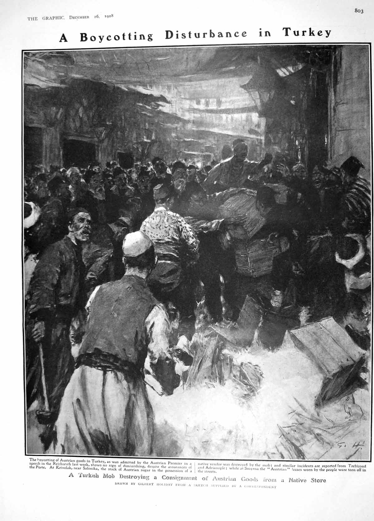 Old Antique Print 1908 Turkey Mob Boycotting Austrian Goods Teck Dinizulu 20th