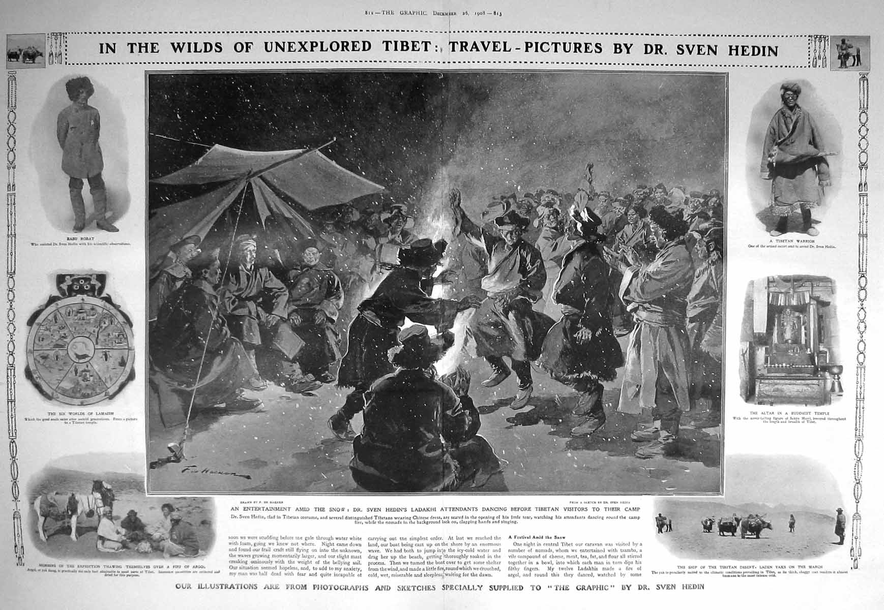 Original Old Antique Print 1908 Tibet Sven Hedin Buddhist Temple Warrior Babu