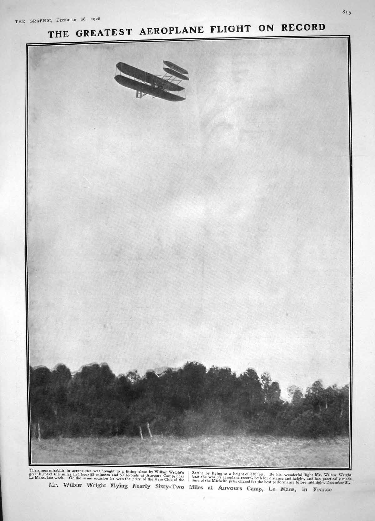 Old Antique Print 1908 Wilbur Wright Aeroplane France Covent Garden Court 20th