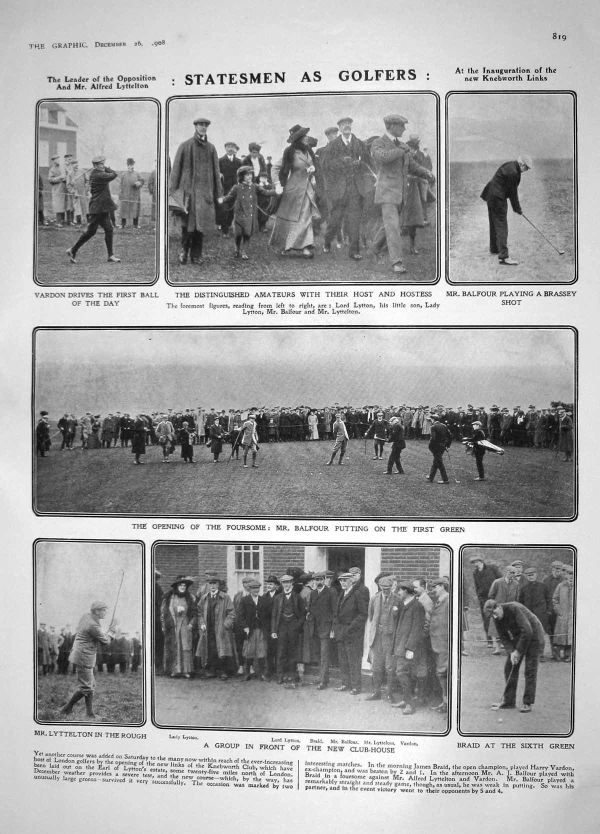 Old Antique Print 1908 Golf Balfour Lytton Vardon Lucas Corelli Davidson 20th