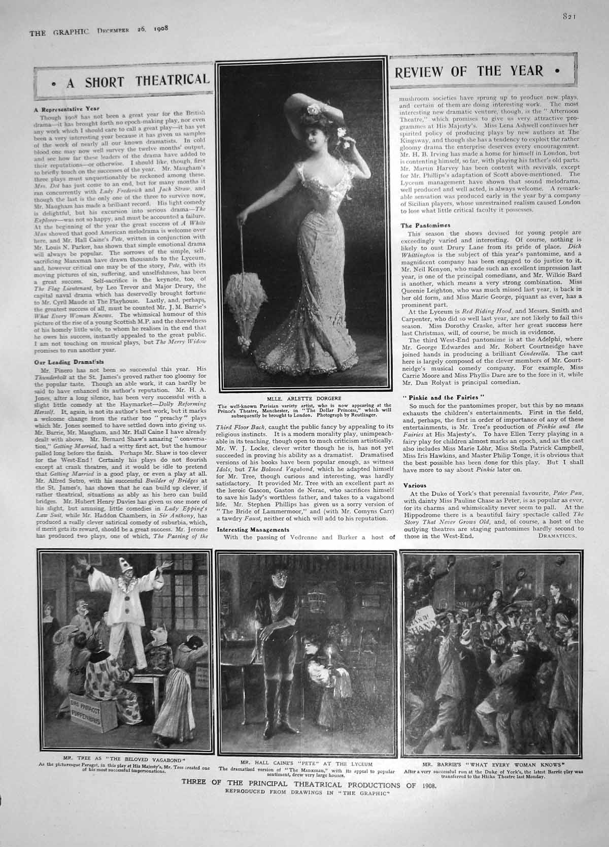 Original Old Antique Print 1908 Arlette Dorgere Theatre Tree Pete Caine Reyns