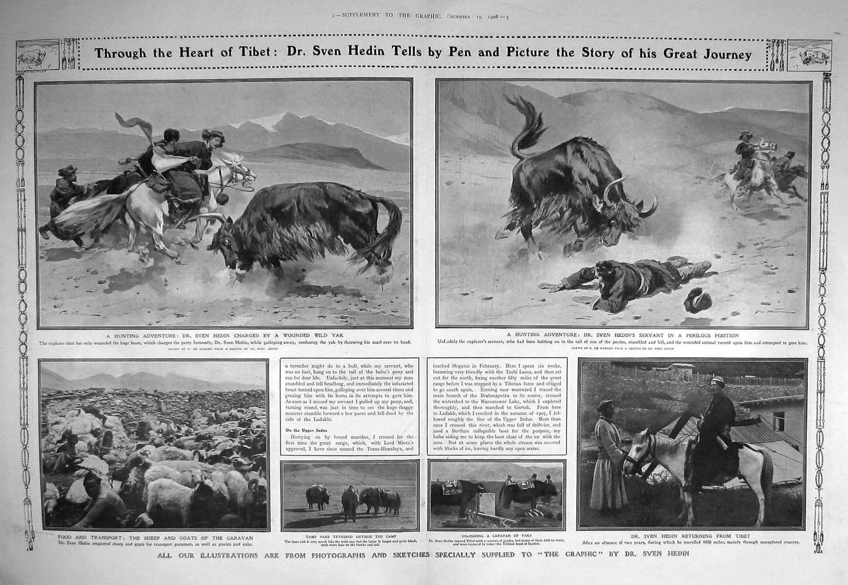 Original Old Antique Print 1908 Tibet Sven Hedin Hunting Yak Sheep Goats Photo