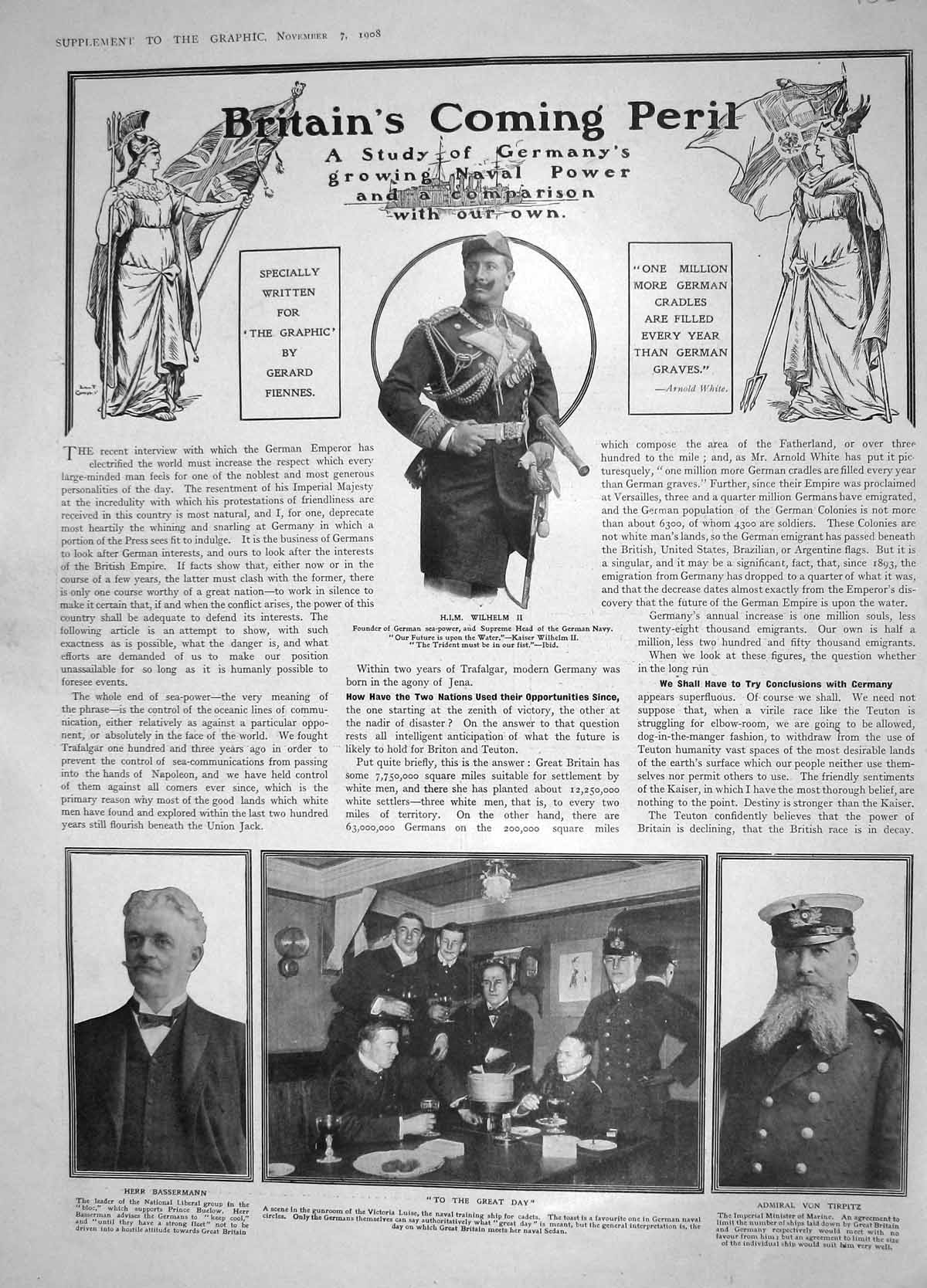 Old Antique Print 1908 Admiral Tirpitz Bassermann Wilhelm German Buchsel 20th