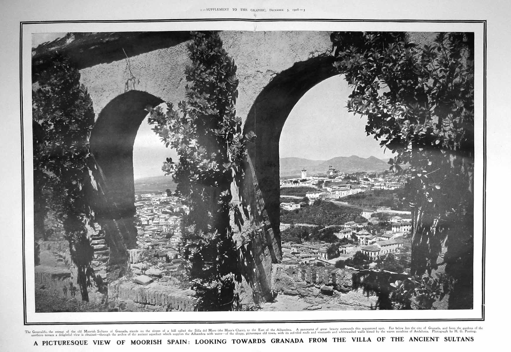 Original Old Antique Print 1908 Moorish Sultans Granada Generalife Villa Silla