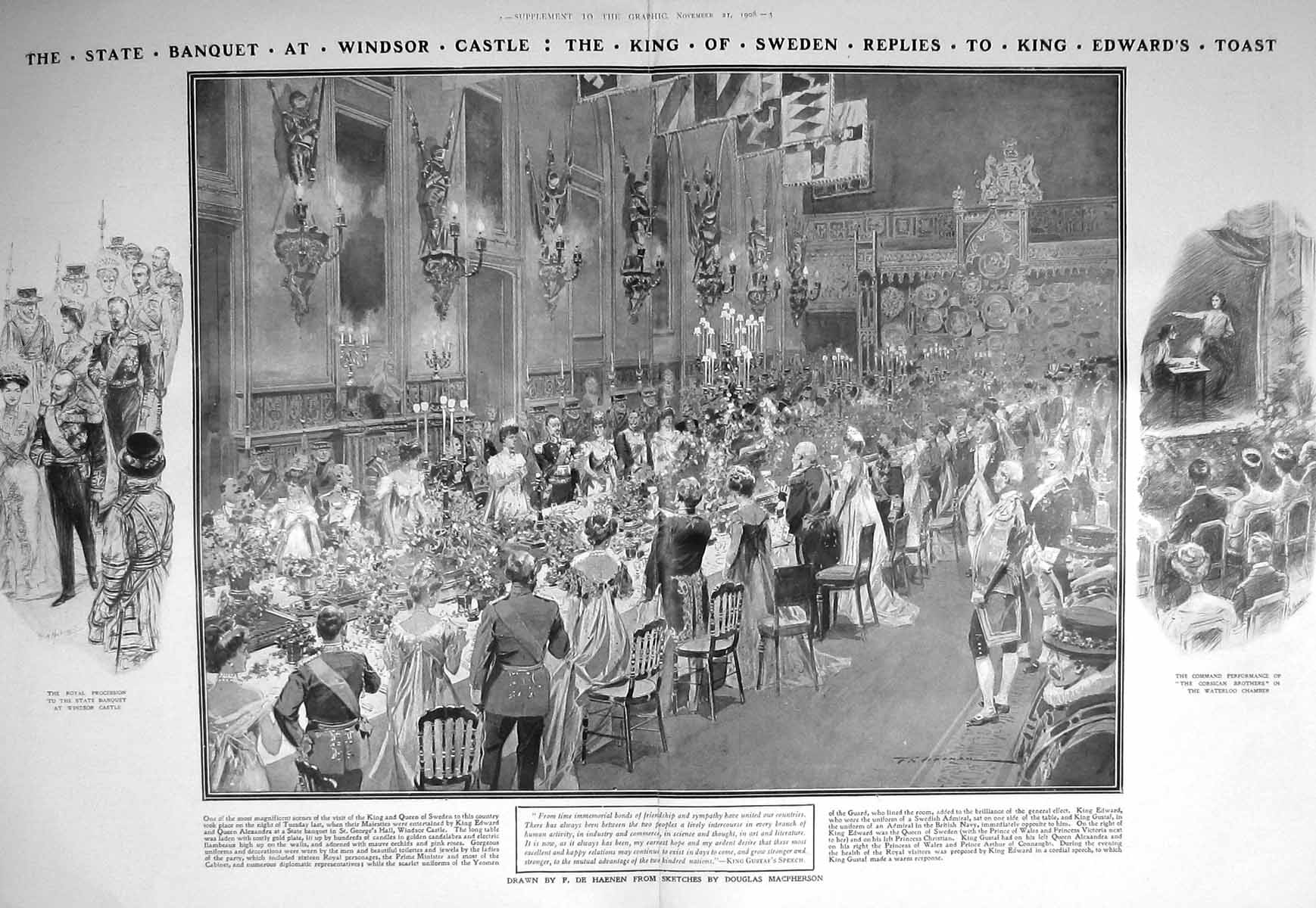 Old Antique Print 1908 State Banquet Windsor Castle King Sweden Edward 20th
