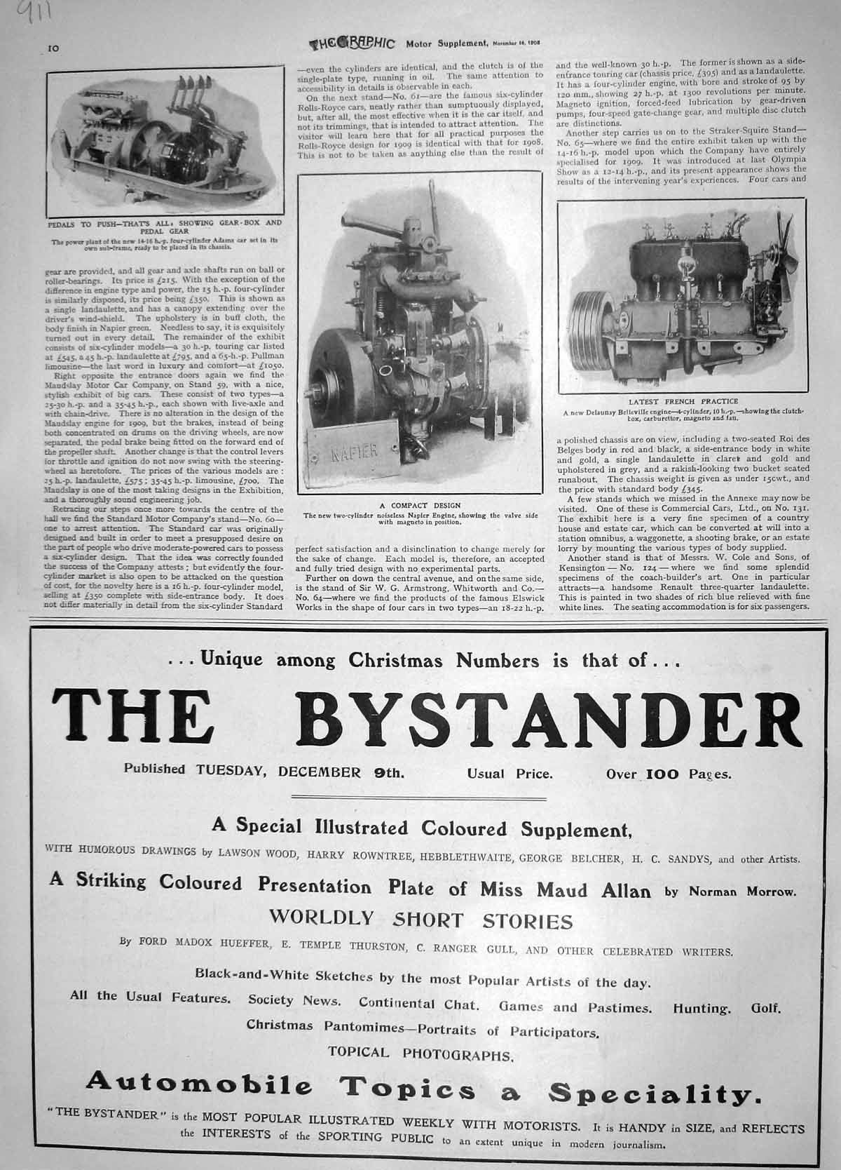 Original Old Antique Print 1908 Napier Engine Delaunay Gear-Box Adams Michelin
