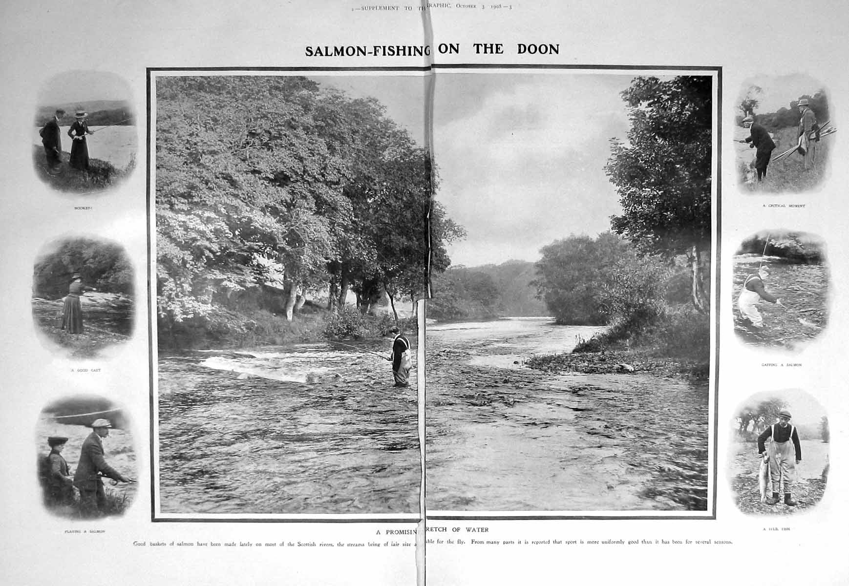 Original Old Antique Print Damaged 1908 Salmon Fishing River Doon Scotland