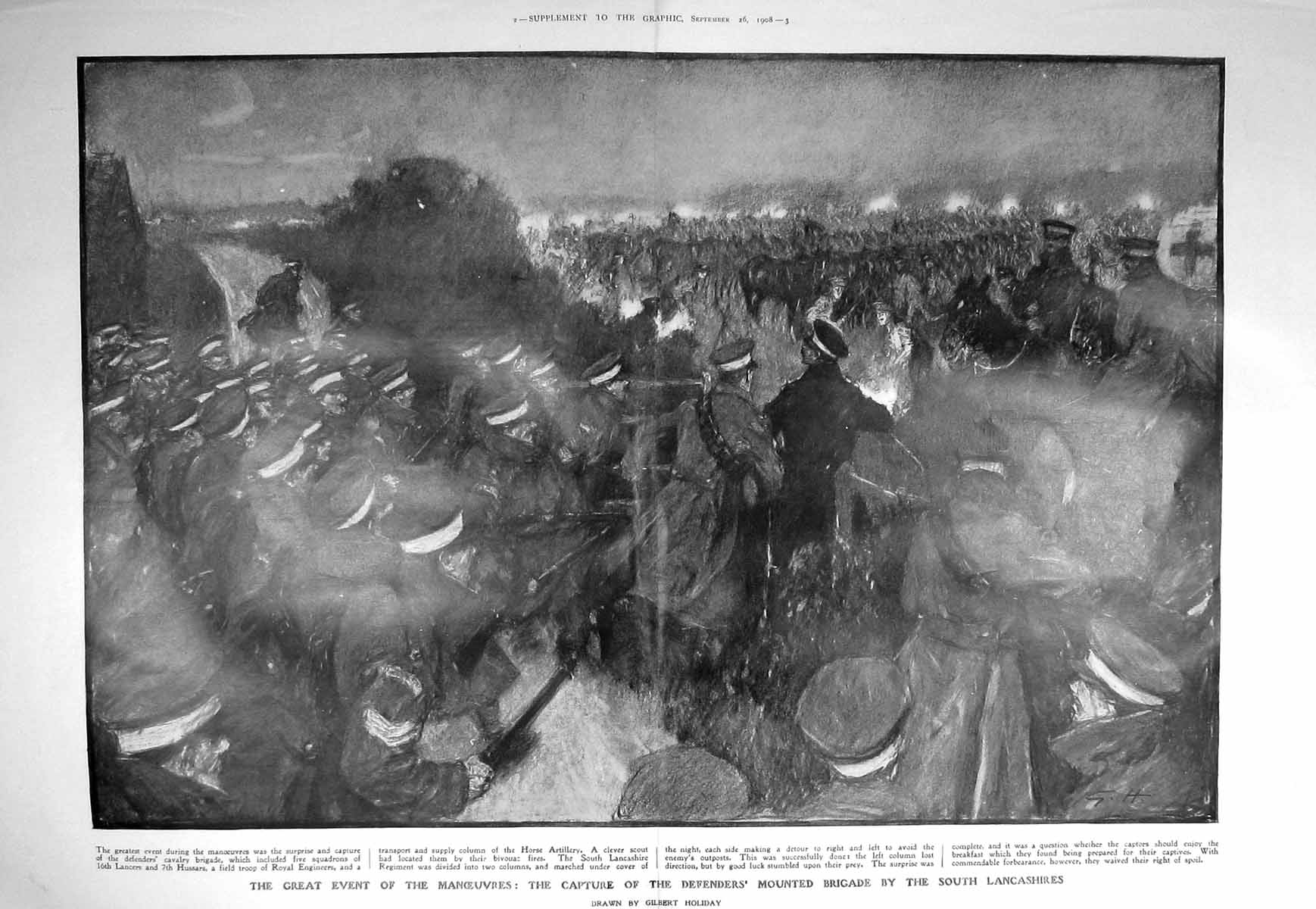 Original Old Antique Print 1908 War Capture Mounted Briade South Lancashires