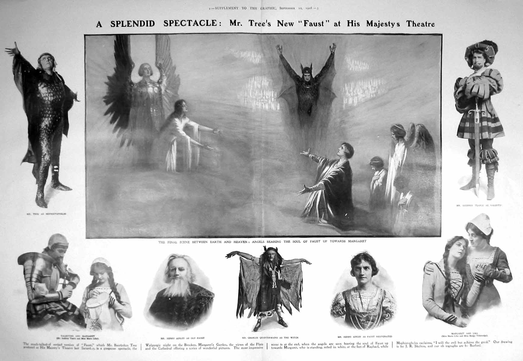 Original Old Antique Print 1908 Tree Fuast Majesty Theatre Ainley Quartermaine