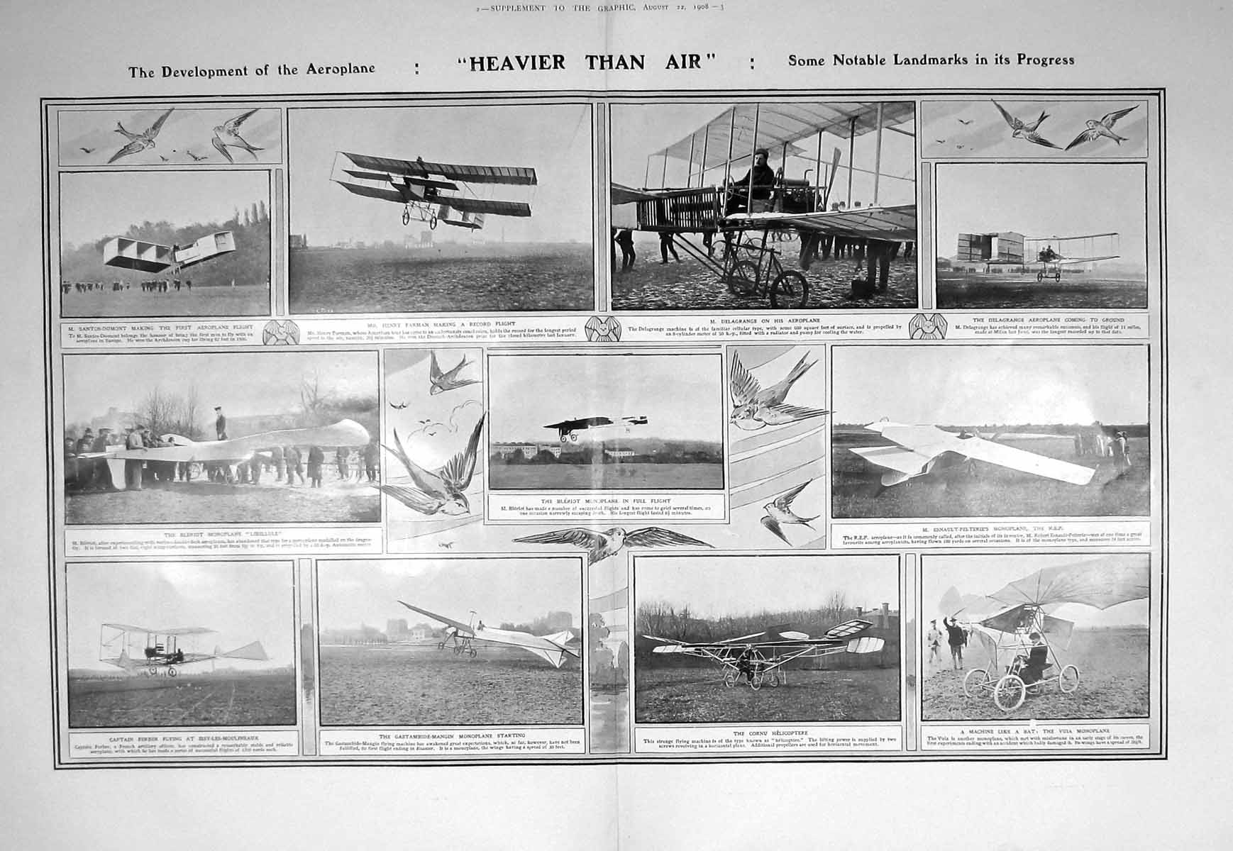Original Old Antique Print 1908 Henry Farman Aeroplane Blerior Cornu Monoplane