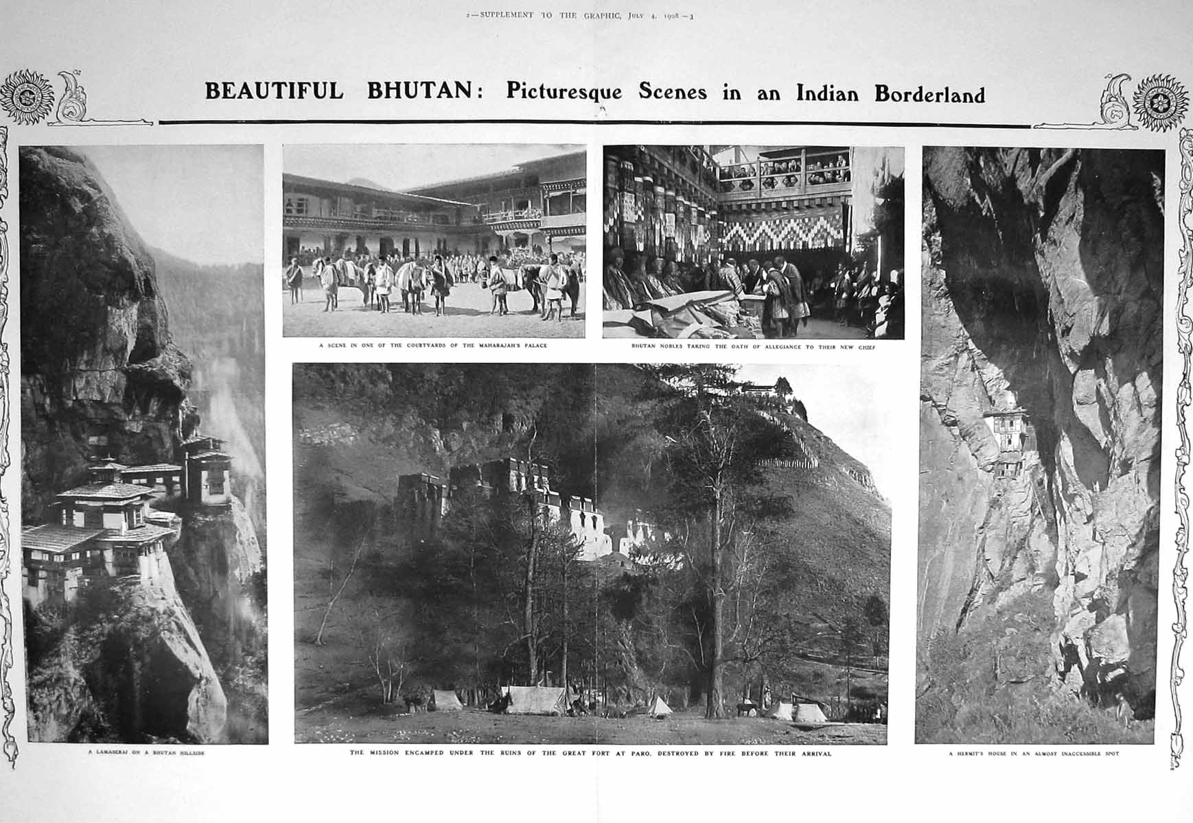 Antique Old Print 1908 Bhutan Maharajah Palace Fort Paro Lamaserai Hermit 20th