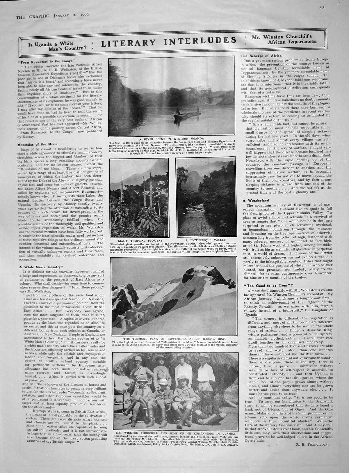 Original Old Antique Print 1909 River Semliki Uganda Ruwenzori Churchill Africa