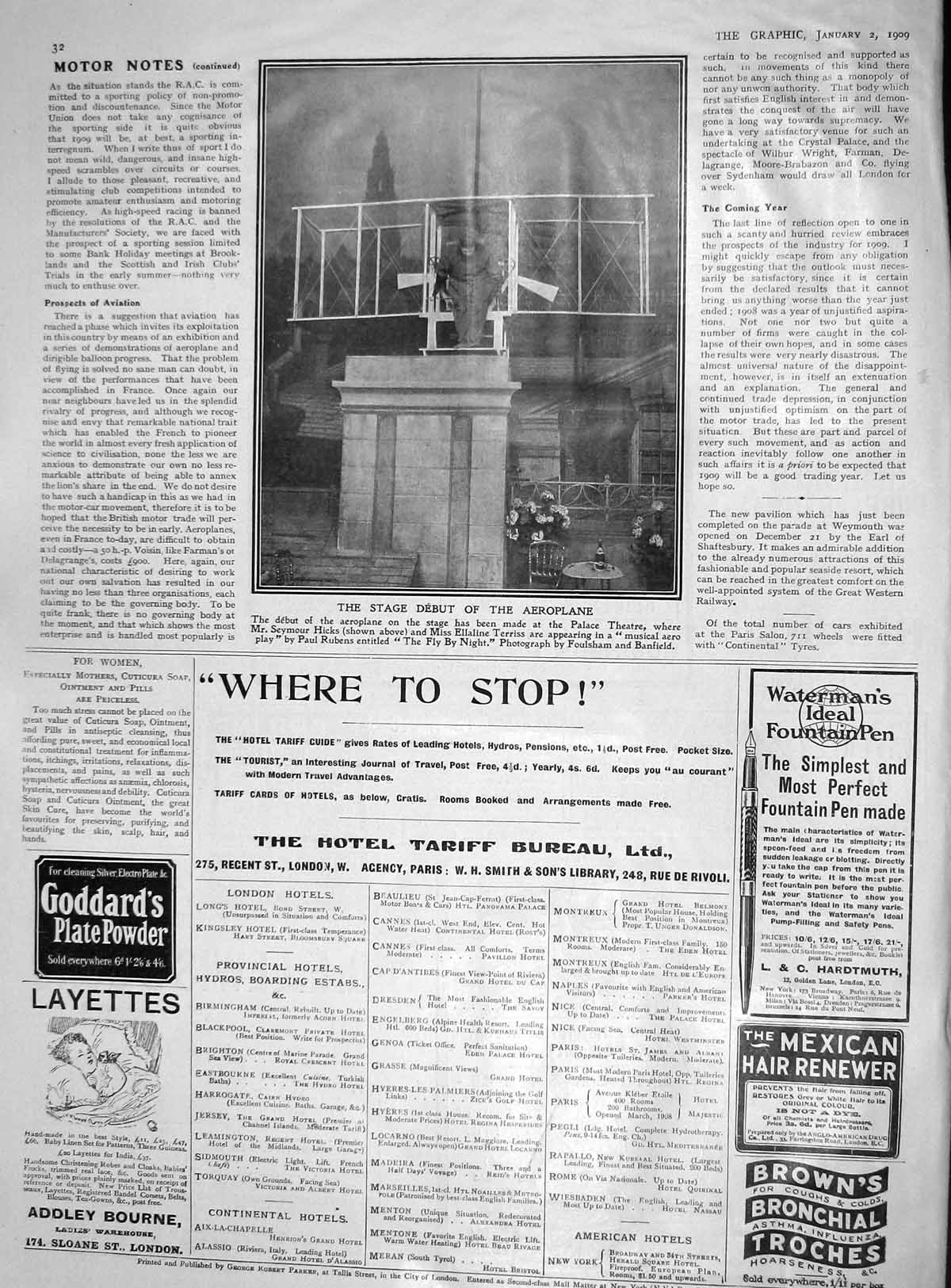 Original Old Antique Print 1909 Aeroplane Palace Theatre Seymour Hicks Terriss