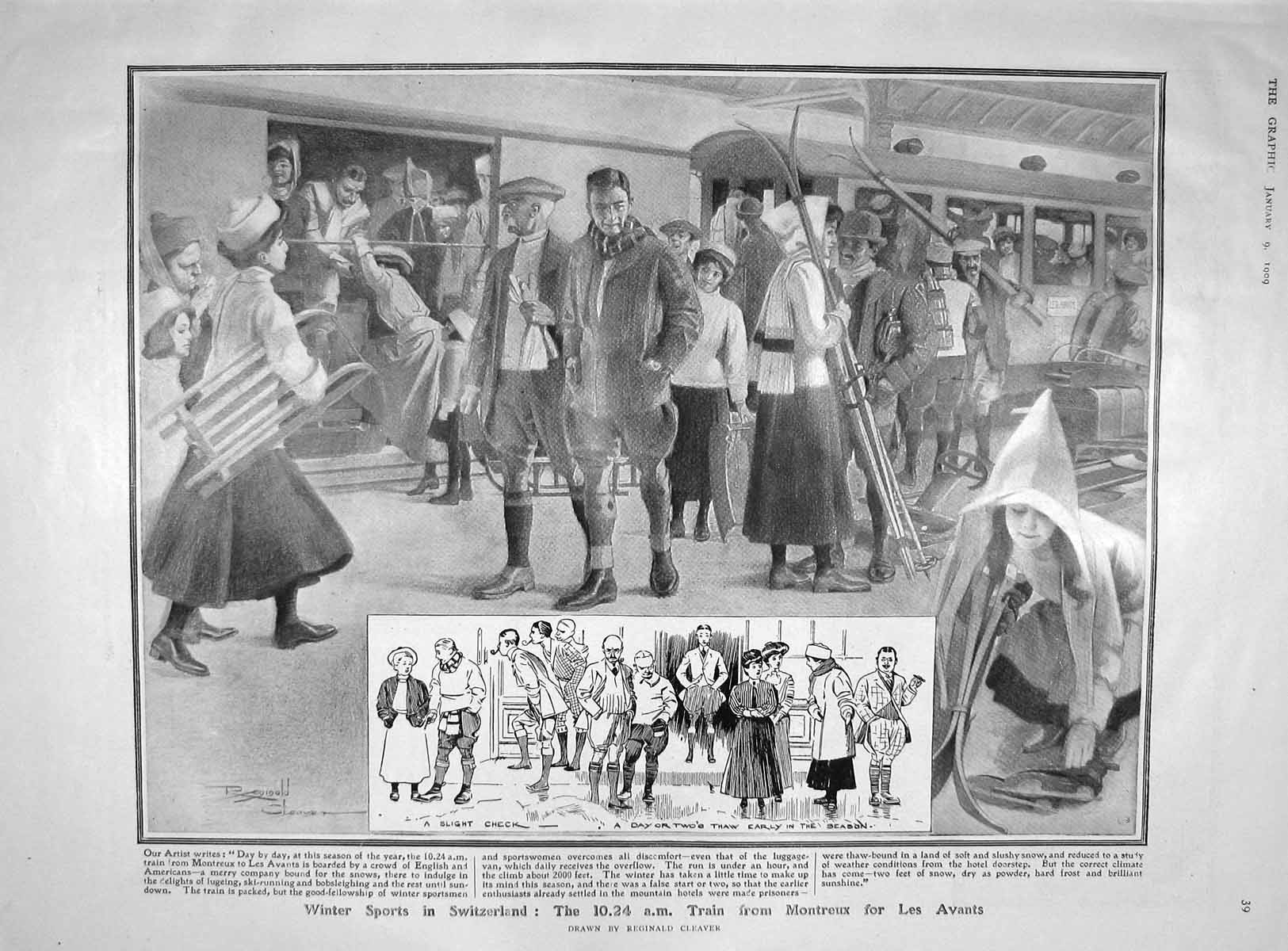 Original Old Antique Print 1909 Winter Sport Switzerland Train Jerusalem Hague