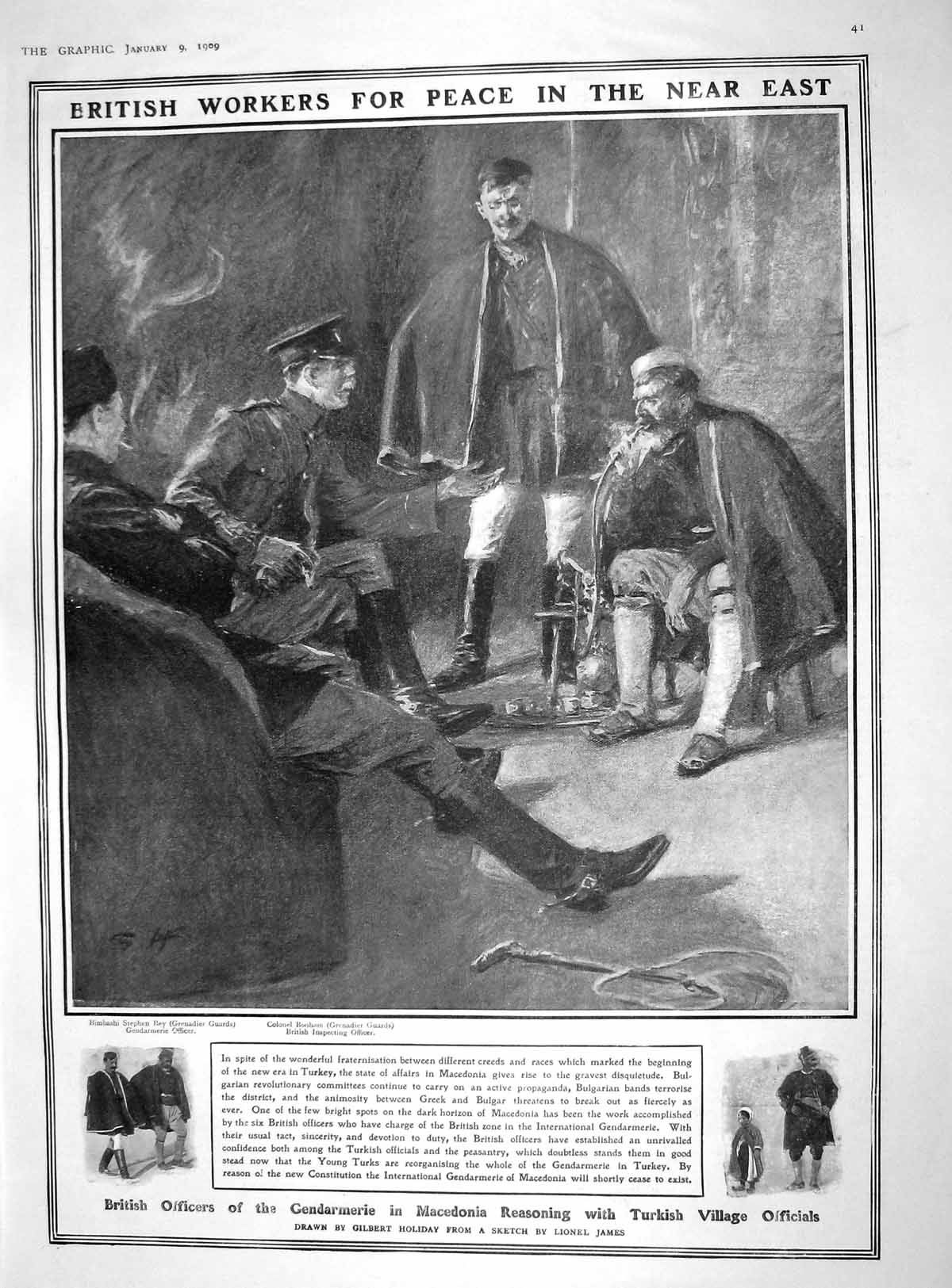 Original Old Antique Print 1909 British Bonham Gendarmerie Macedonia Ear 20th