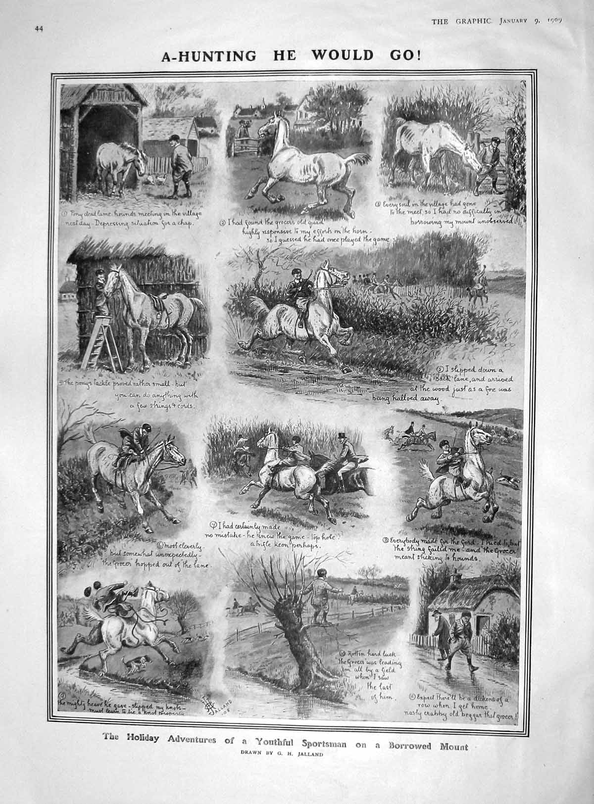 Old Antique Print 1909 Hunting Horse Sport India Maharajah Tennis Wright 20th