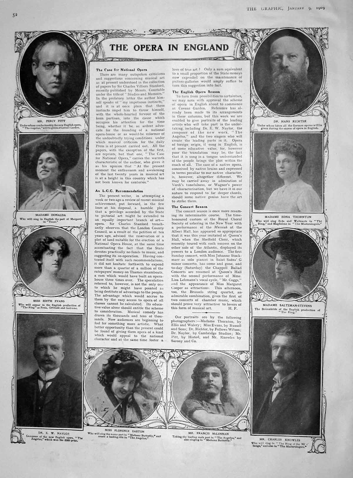 Original Old Antique Print 1909 Opera Pitt Richter Thornton Easton Evans Elliot