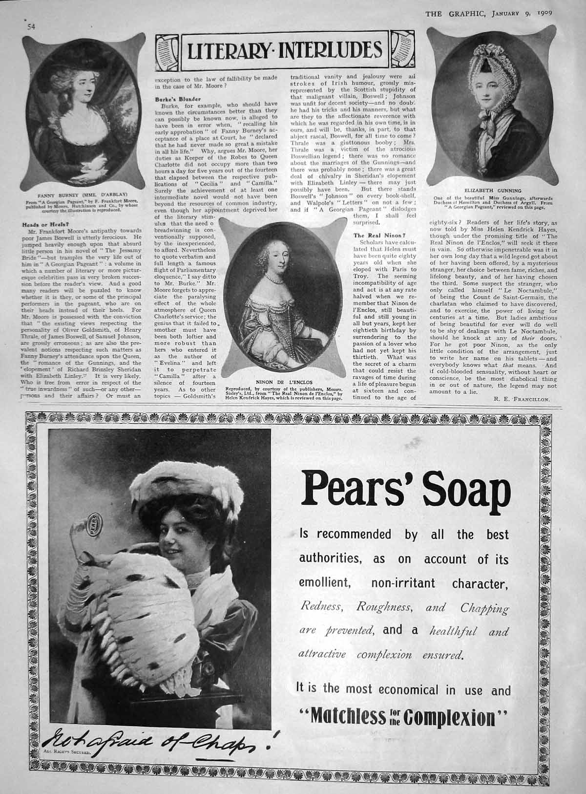 Original Old Antique Print 1909 Gunning L'Enclos Fanny Burney Ladies Pears Soap