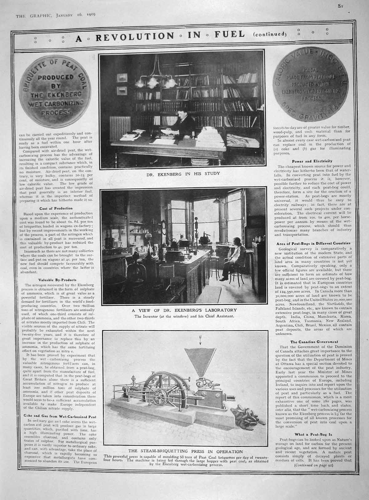 Original Old Antique Print 1909 Dr. Ekenberg Laboratory Steam-Briquetting Press