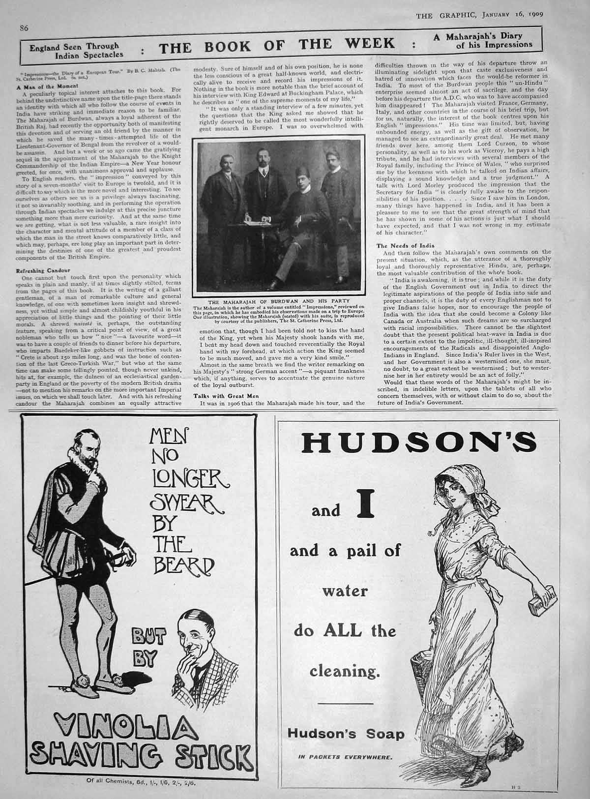 Original Old Antique Print 1909 Maharajah Burdwan Men Hudsons Vinolia Shaving