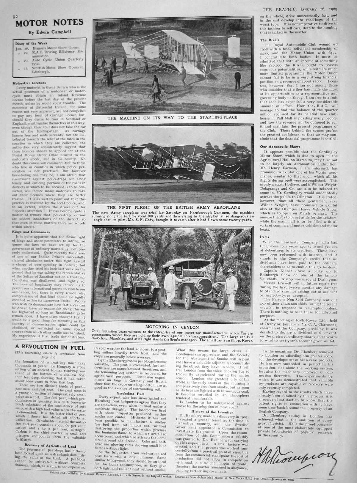 Old Antique Print 1909 Motor Car Ceylon British Army Aeroplane Maudslay 20th