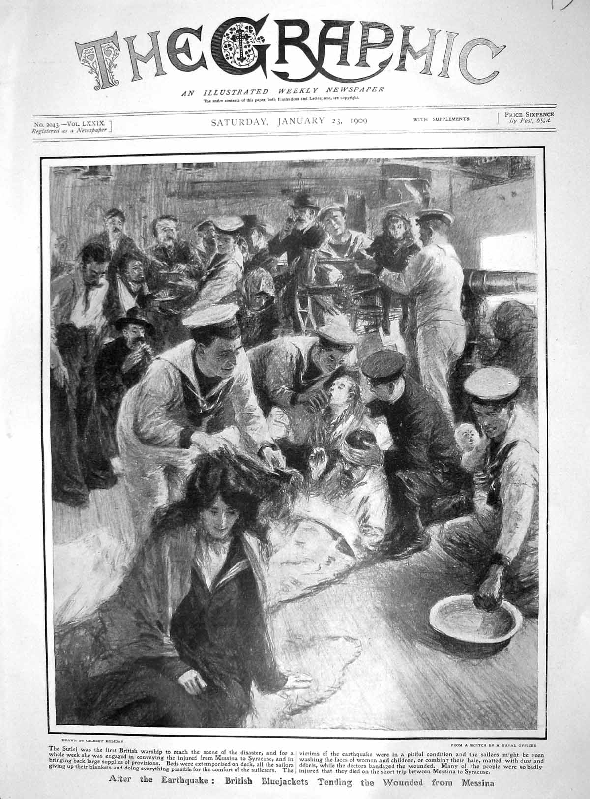 Old Antique Print 1909 British Bluejackets Messina Sutlej Ship Earthquake 20th