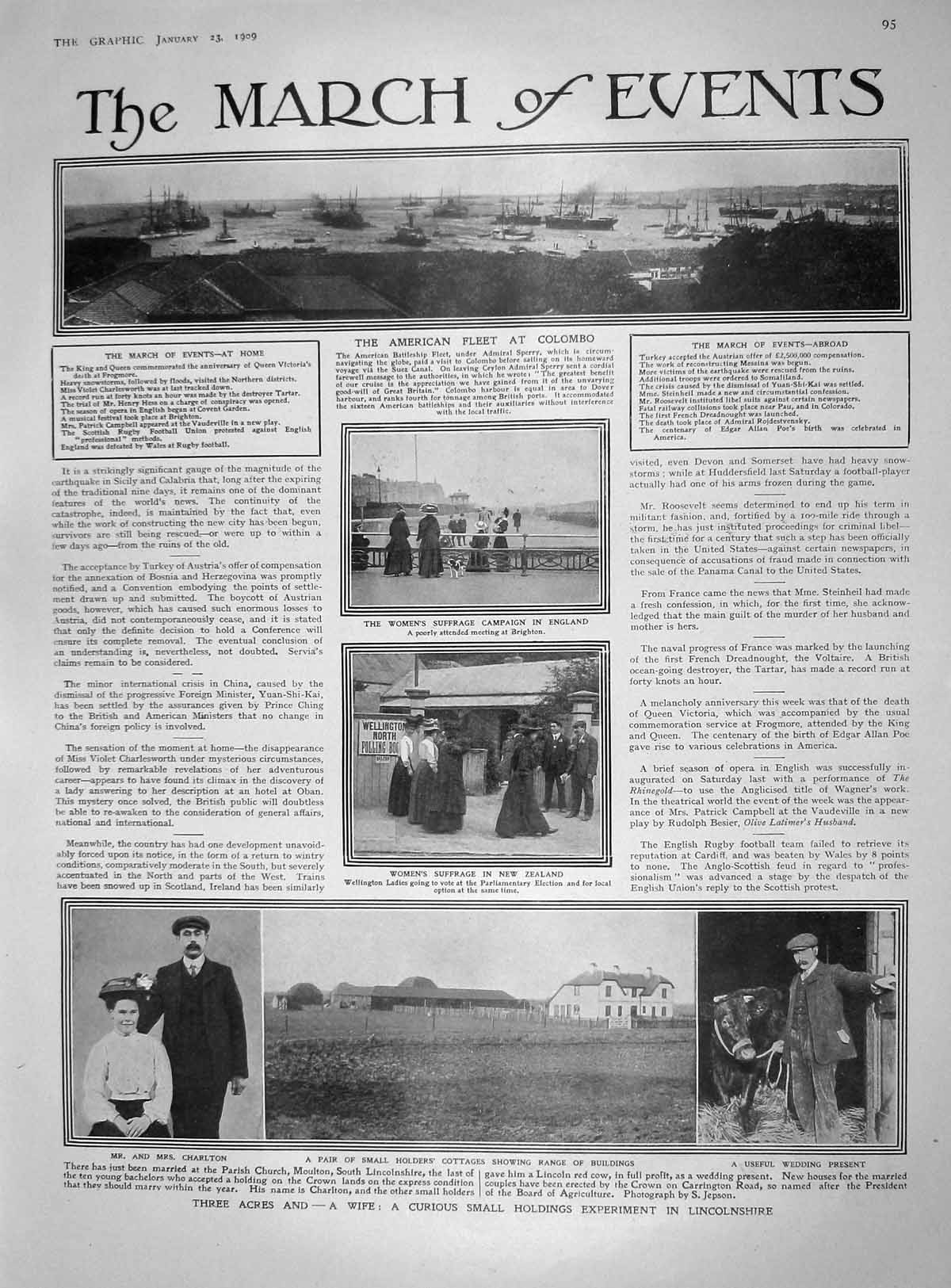 Original Old Antique Print 1909 Ships Colombo Suffrage Charlton Messina Assisi