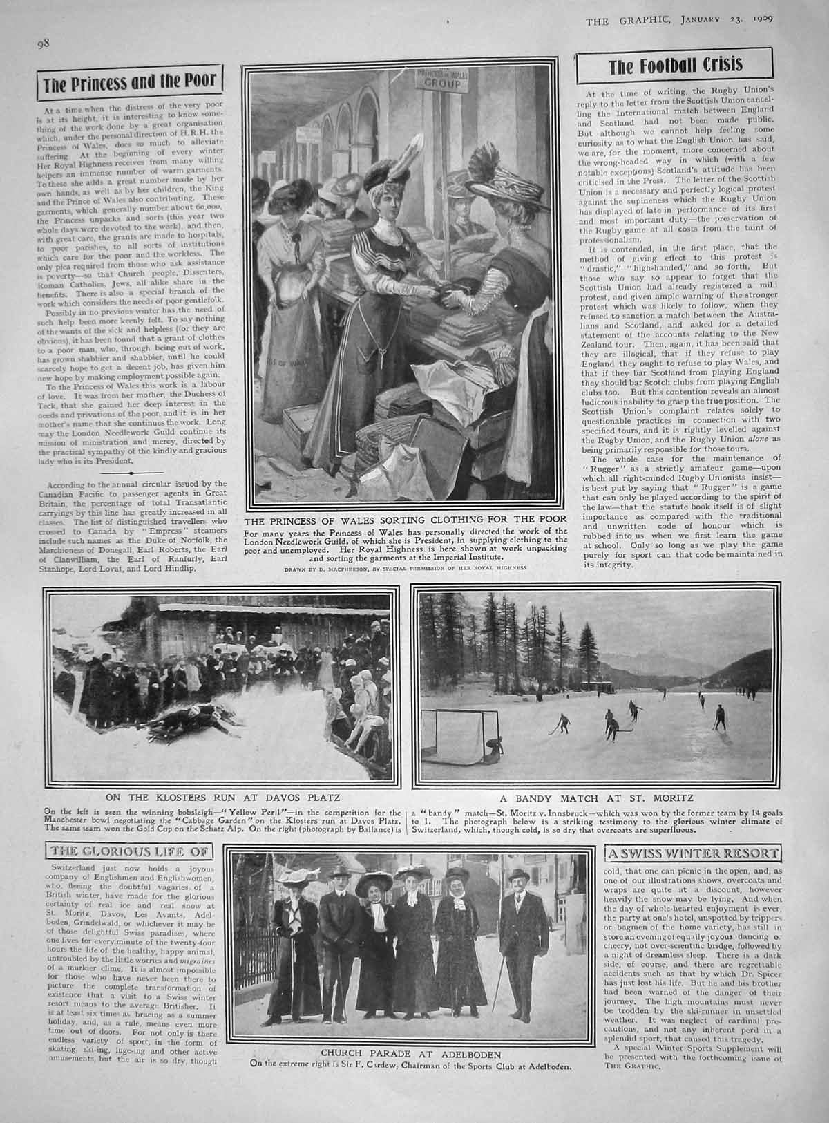 Old Antique Print 1909 Princess Wales Adelboden Moritz Platz Ship Tennis 20th