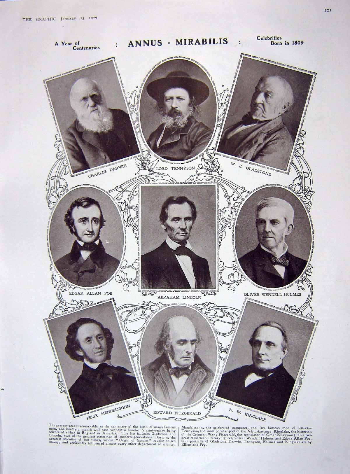 Original Old Antique Print 1909 Lord Tennyson Lincoln Poe Gladstone Darwin 20th