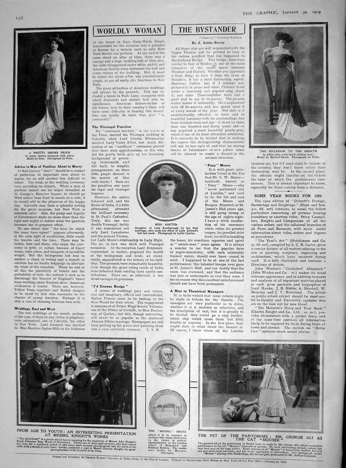 Old Antique Print 1909 Empire Frock Fashion Ashton Knight Pantomime Ali 20th