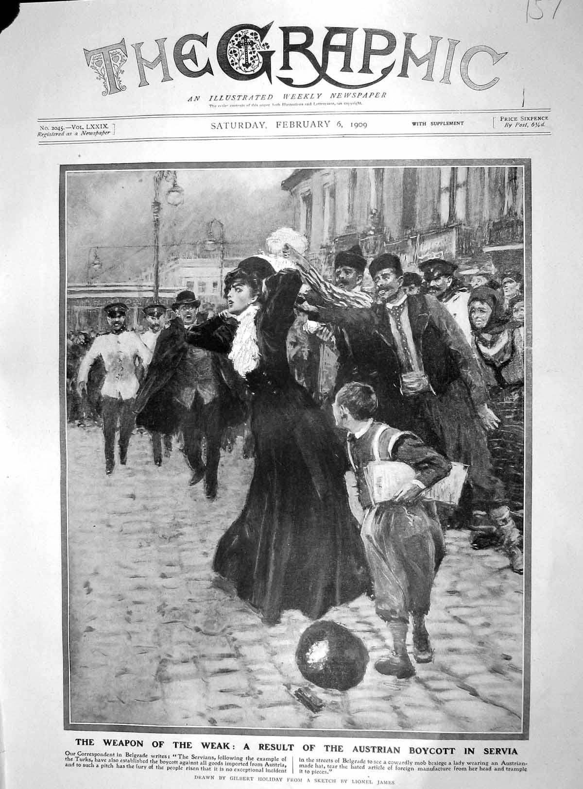 Original Old Antique Print 1909 Austrian Boycott Servia Belgrade Attacked Lady