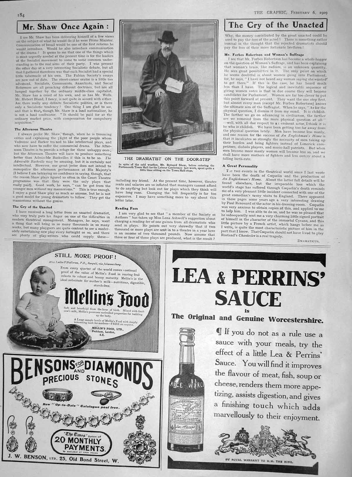 Original Old Antique Print 1909 Mr. Bernard Shaw Dramatist Portsmouth Mellins