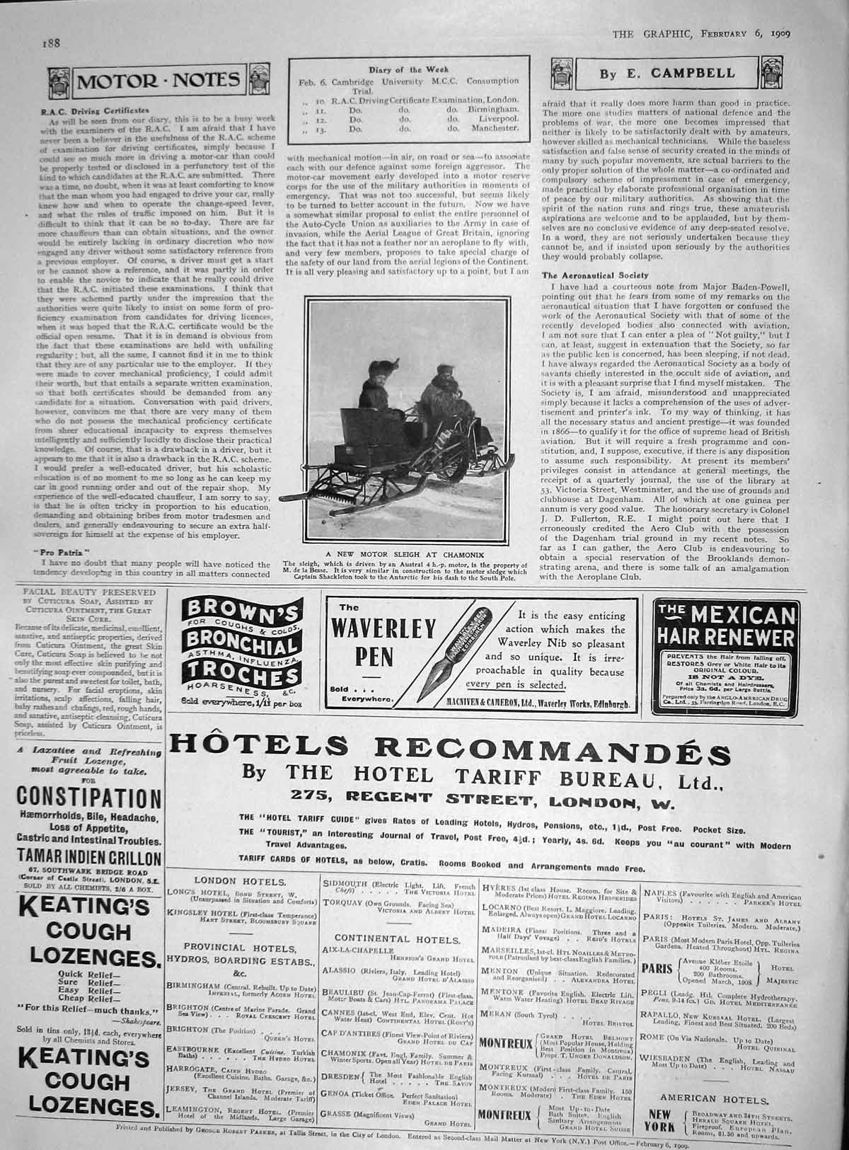 Original Old Antique Print 1909 Motor Sleigh Chamonix Besse Captain Sh 20th