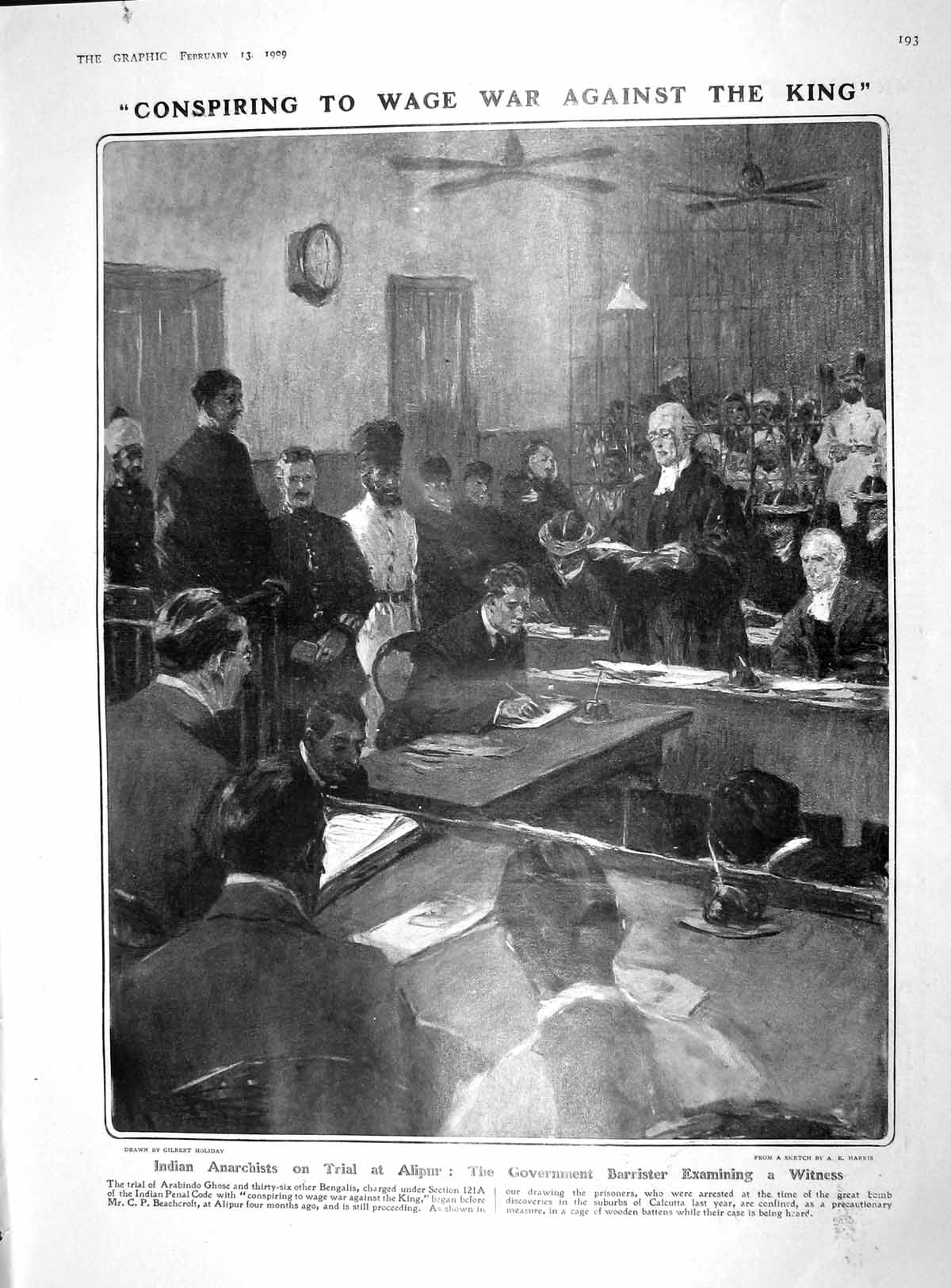 Original Old Antique Print 1909 Indian Anarchists Court Alipur Ghose Churchill