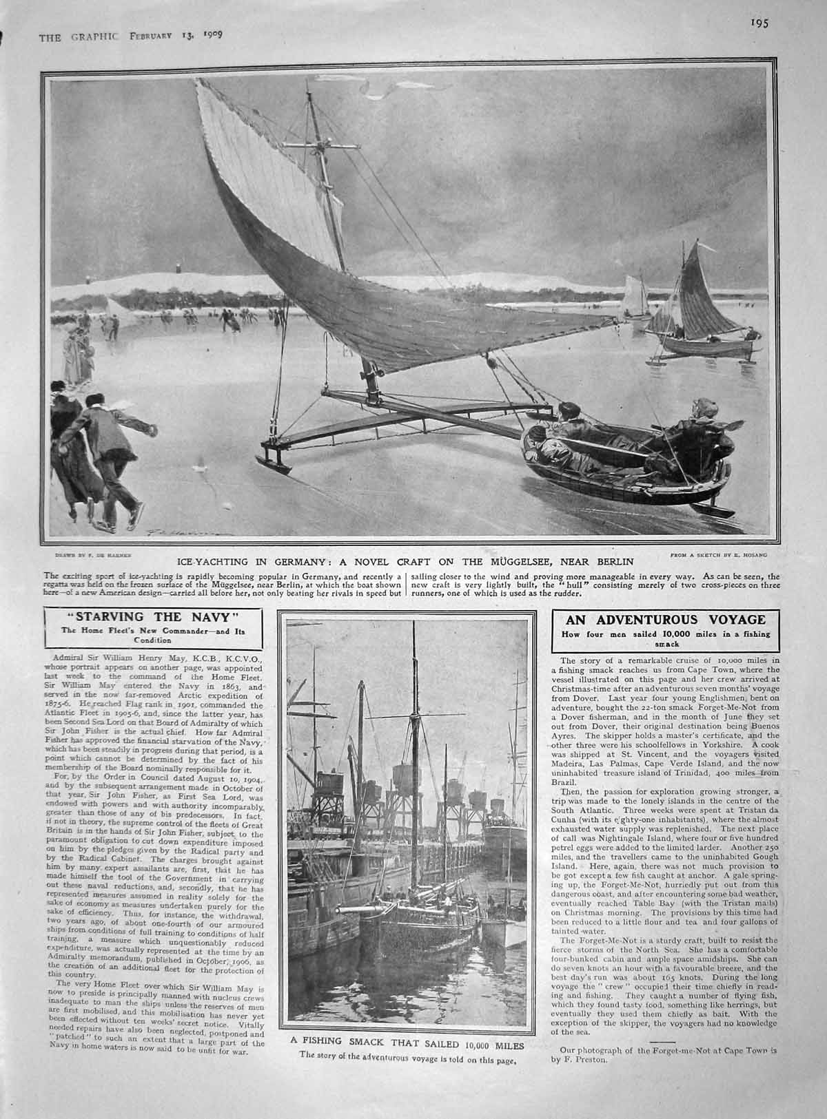 Old Antique Print 1909 Ice-Yachting Germany Fishing Smack Maritime Baron 20th