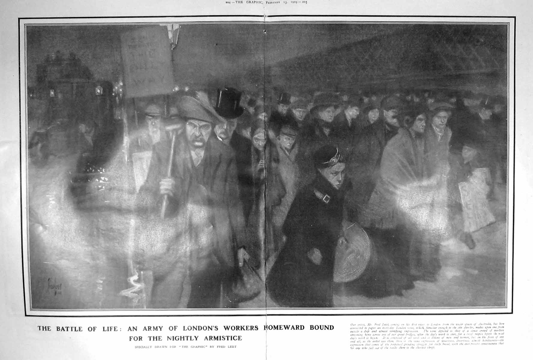 Original Old Antique Print 1909 Army London Workers Returning Home Fred Leist