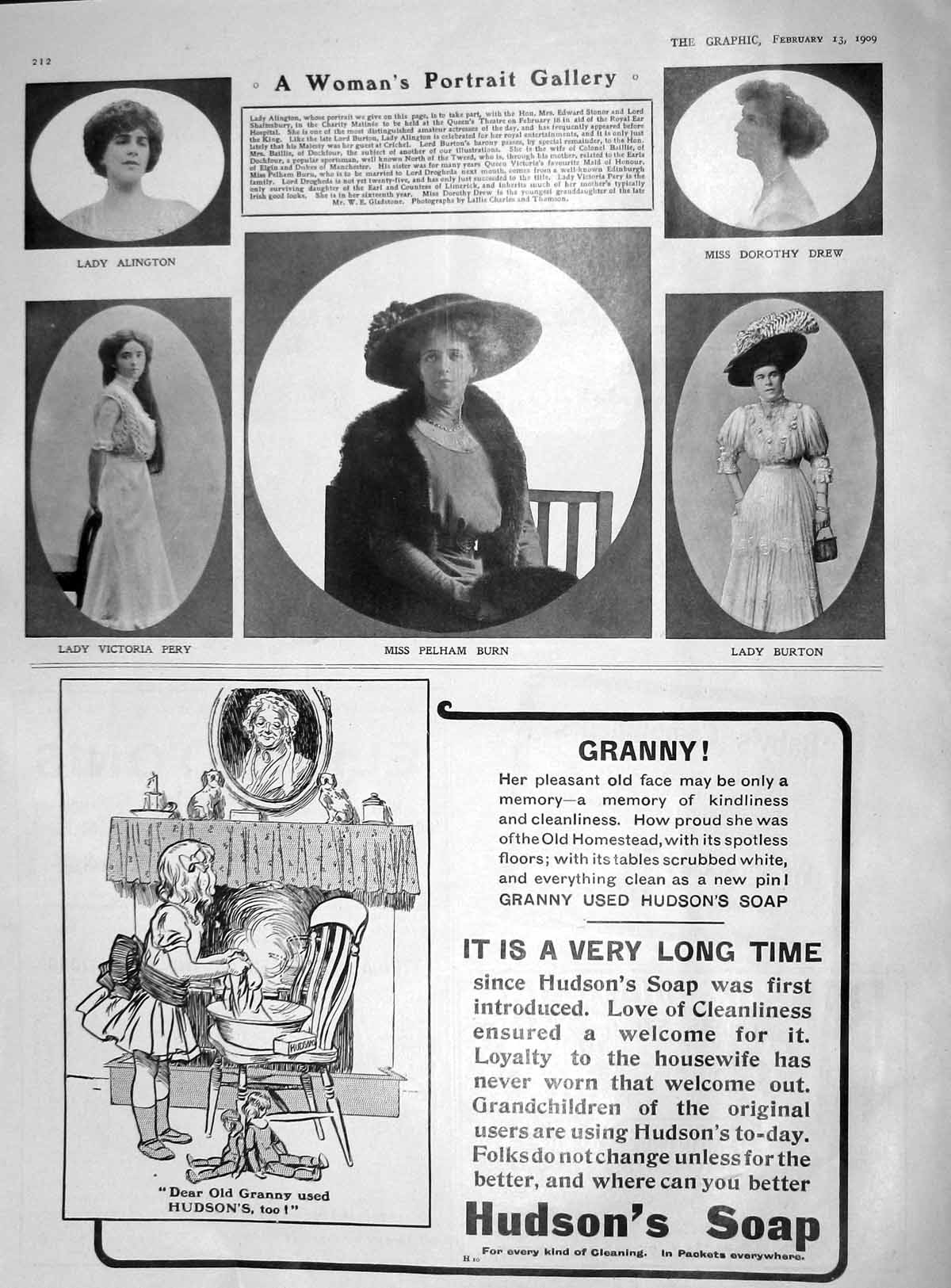Old Antique Print 1909 Miss Pelham Burn Dorothy Drew Alington Pery Burton 20th