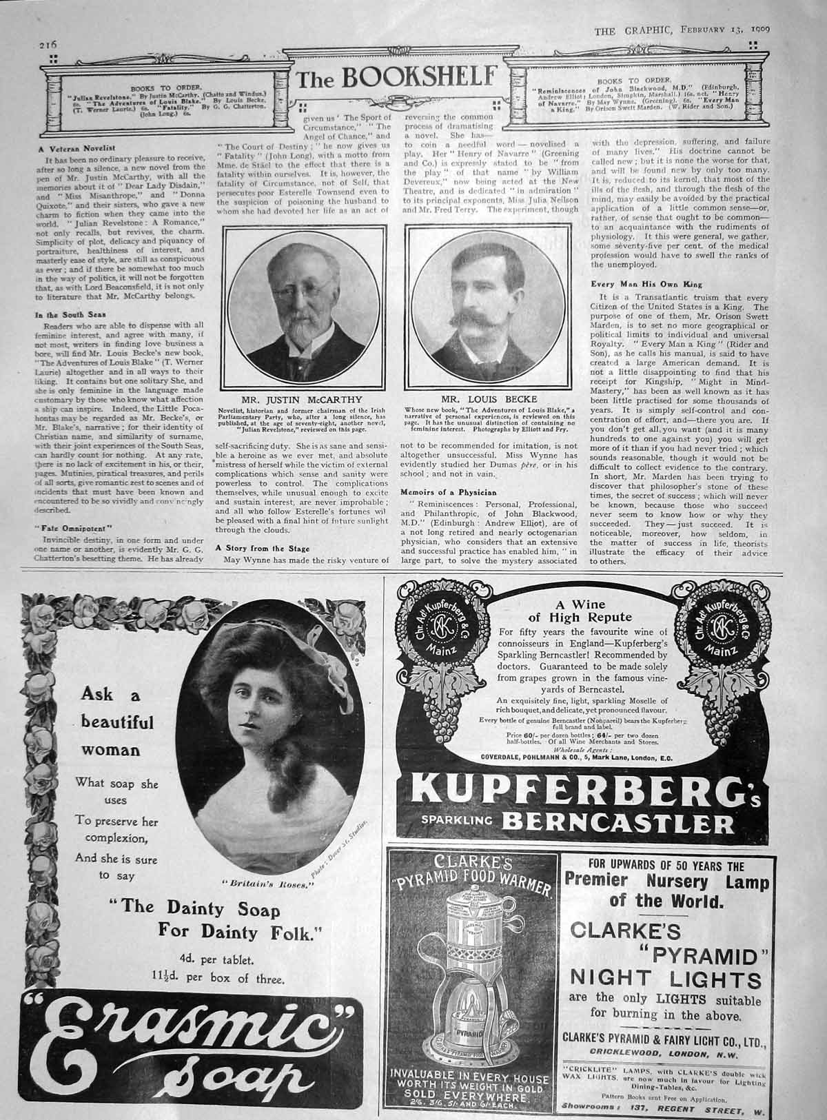 Original Old Antique Print 1909 Justin Mccarthy Louis Becke Author Erasmic Soap